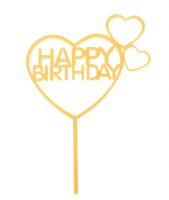 Топпер акриловый Happy Bitrhday в сердце Золото